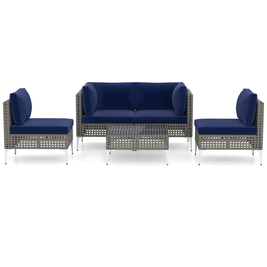 5 Piece Patio Rattan Furniture Set, With Tempered Glass Coffee Table, Navy Outdoor Sectionals Navy at Gallery Canada