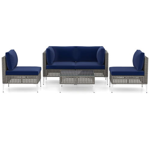 5 Piece Patio Rattan Furniture Set, With Tempered Glass Coffee Table, Navy
