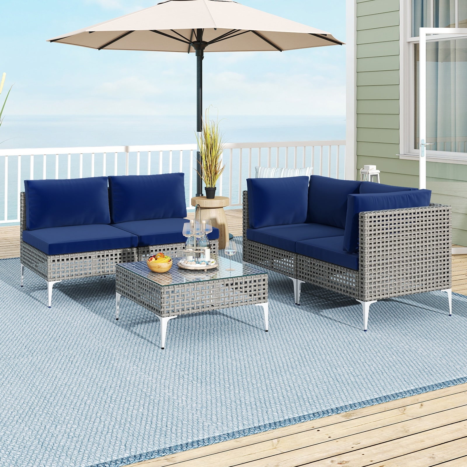5 Piece Outdoor Furniture Set Patio Rattan Chairs with Tempered Glass Coffee Table, Navy Outdoor Sectionals at Gallery Canada