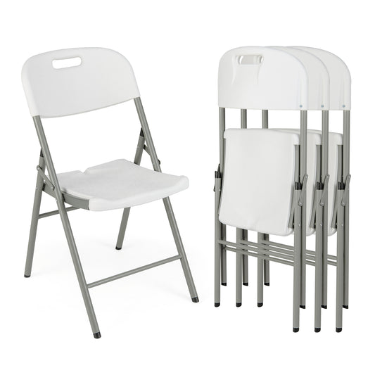 4 Pack Folding Stackable Chairs, Metal Frame With Handle, White
