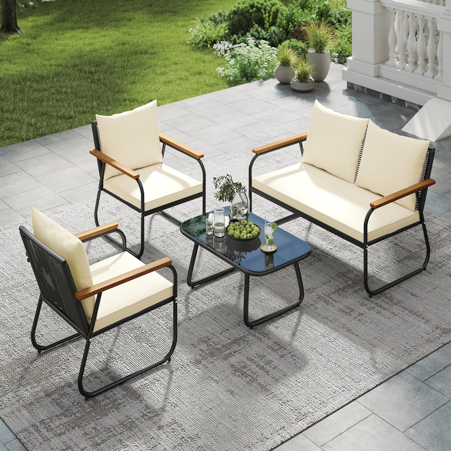 4 Pieces Patio Furniture Set with Tempered Glass Coffee Table, Off White Patio Conversation Sets at Gallery Canada