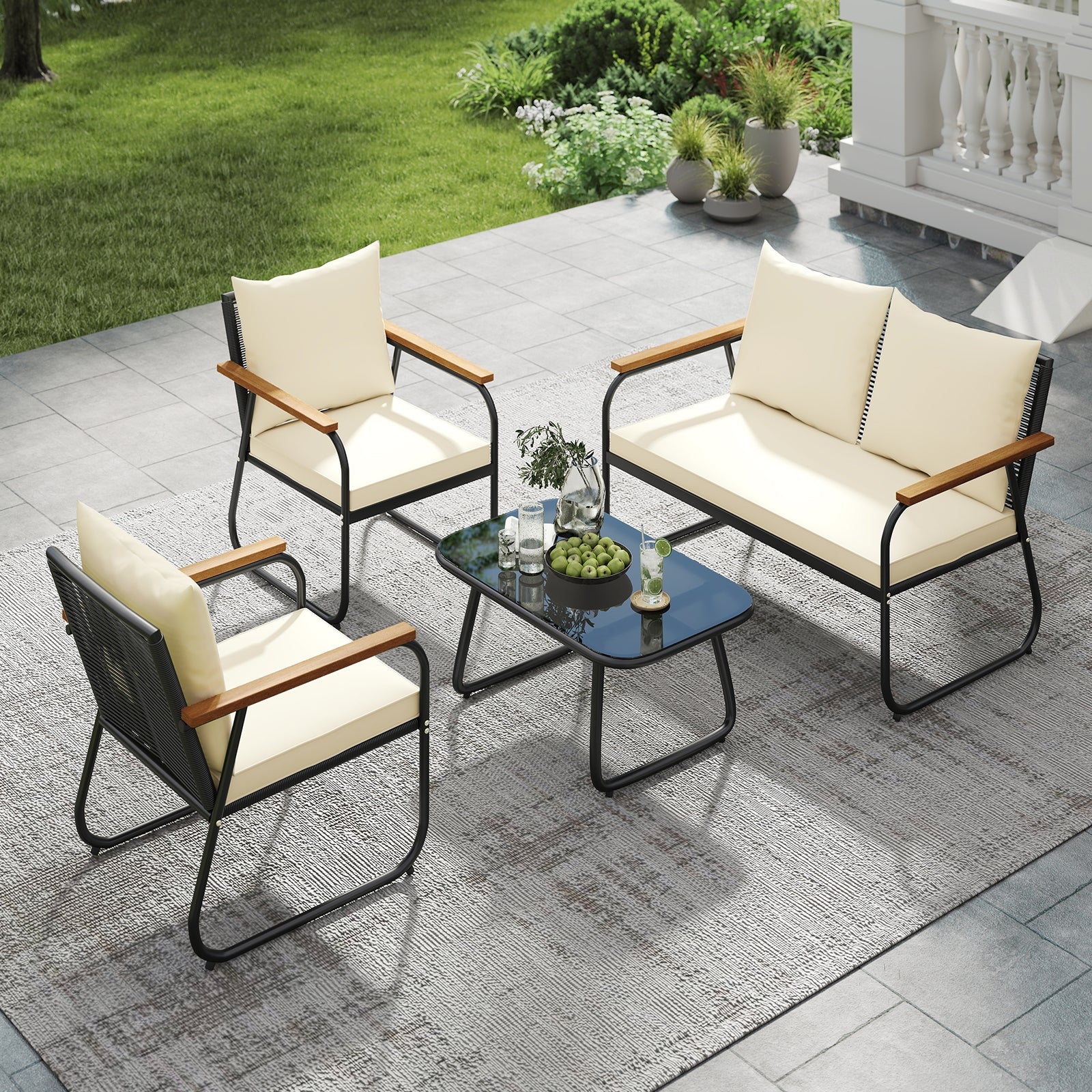 4 Pieces Patio Furniture Set with Tempered Glass Coffee Table, Off White Patio Conversation Sets at Gallery Canada