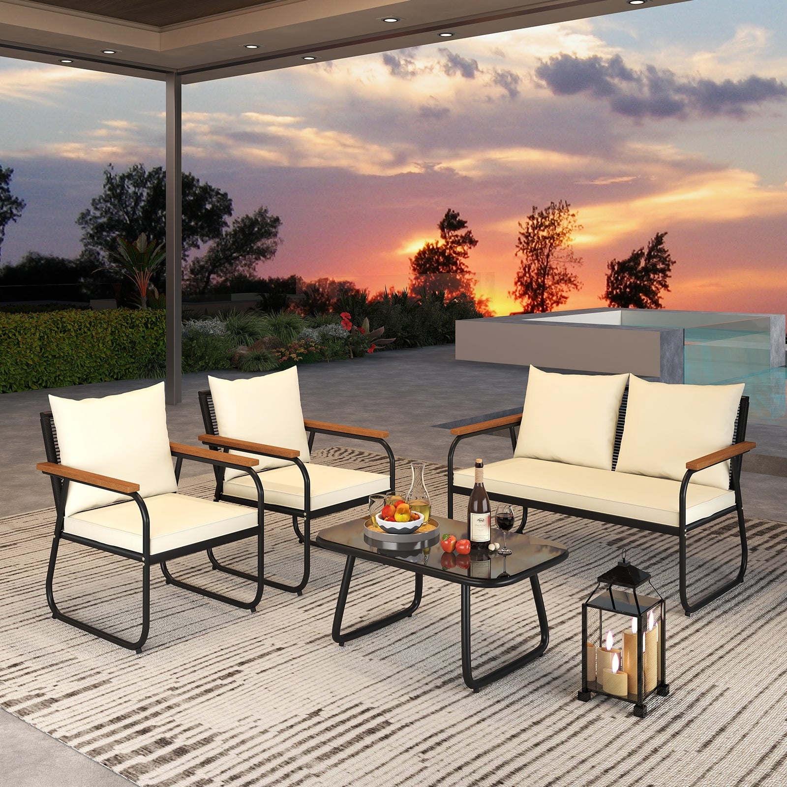 4 Pieces Patio Furniture Set with Tempered Glass Coffee Table, Off White Patio Conversation Sets at Gallery Canada