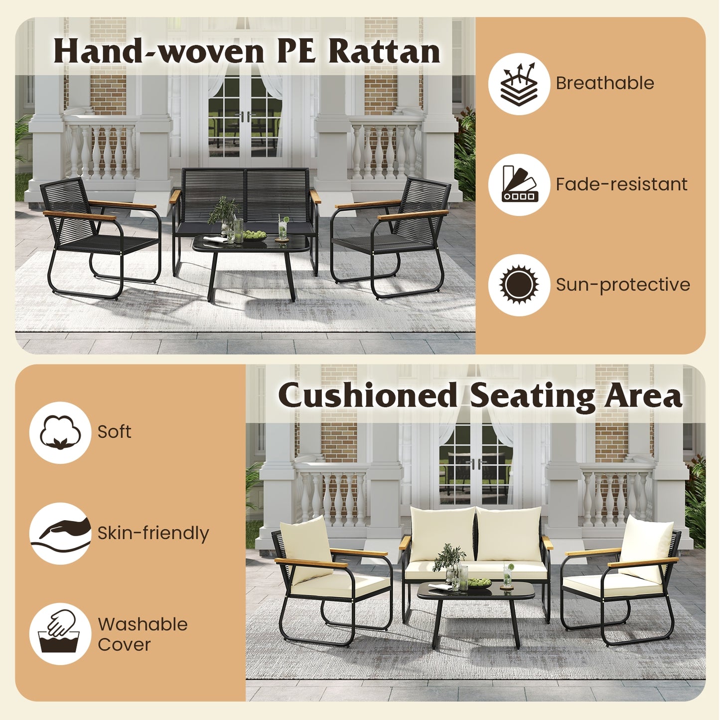 4 Pieces Patio Furniture Set with Tempered Glass Coffee Table, Off White Patio Conversation Sets at Gallery Canada