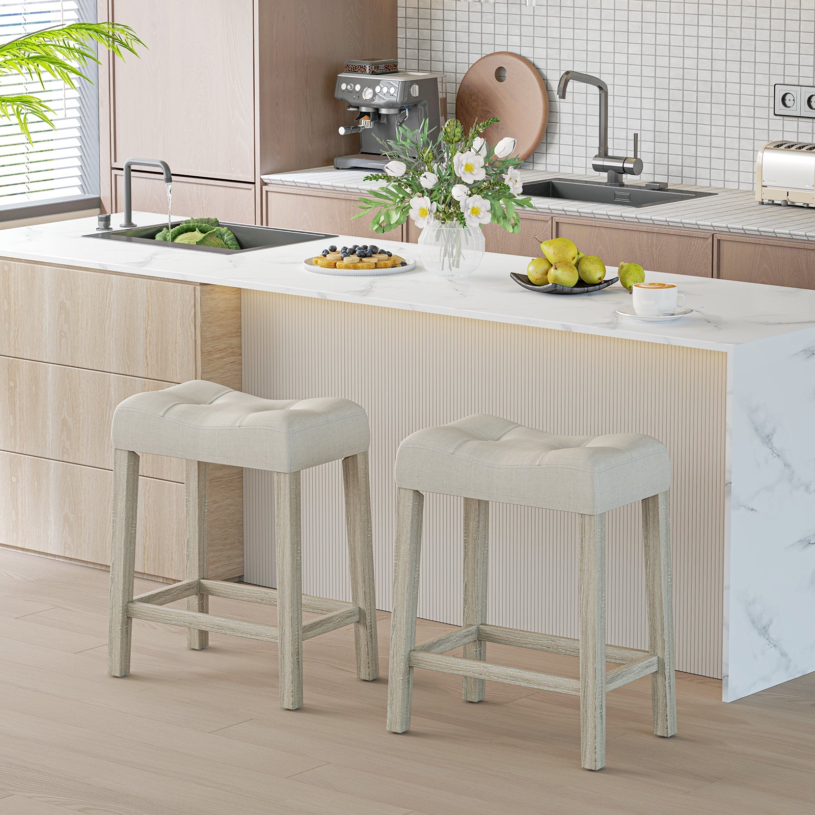 Set of 2/4 Upholstered Counter Height Bar Stool with Curved Saddle-Seat, Light Gray Bar Stools at Gallery Canada