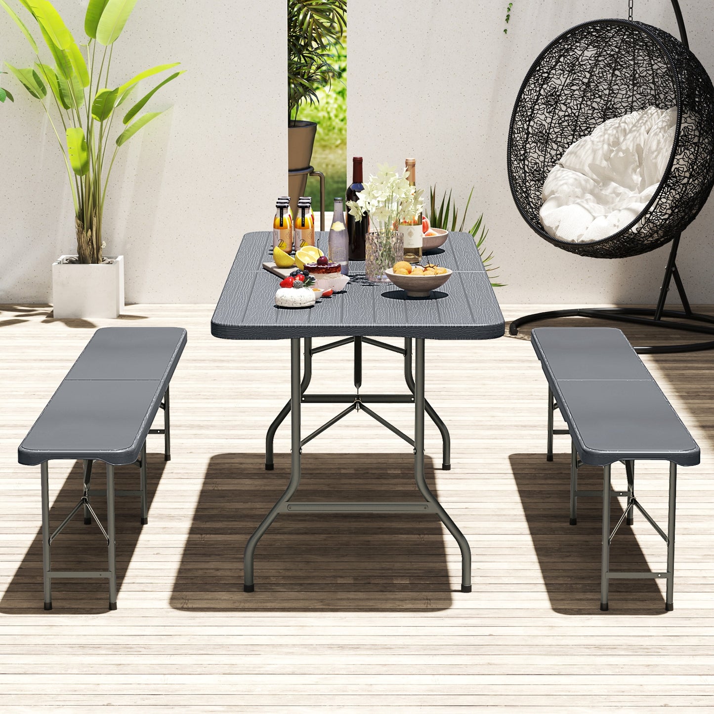 6 Feet Folding Table with Wood Grain HDPE Tabletop and Safe Lock Mechanism, Gray Picnic Tables at Gallery Canada