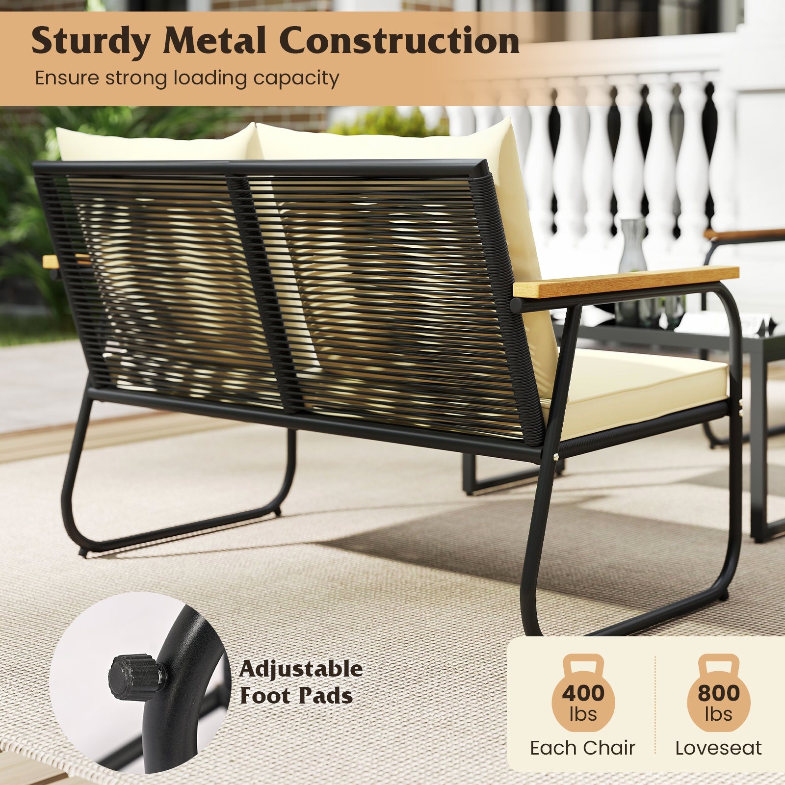 4 Piece Patio Furniture Set, Tempered Glass Coffee Table, Off White Patio Conversation Sets at Gallery Canada