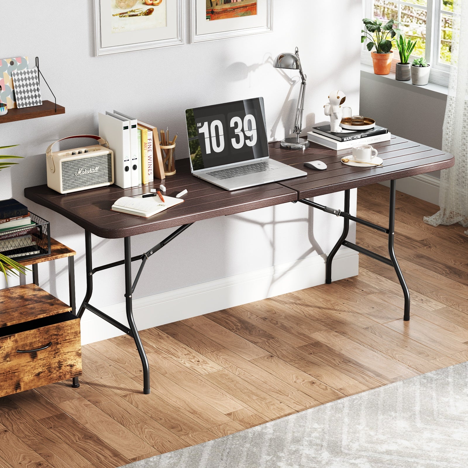 6 Feet Folding Table with Wood Grain HDPE Tabletop and Safe Lock Mechanism, Brown Picnic Tables at Gallery Canada