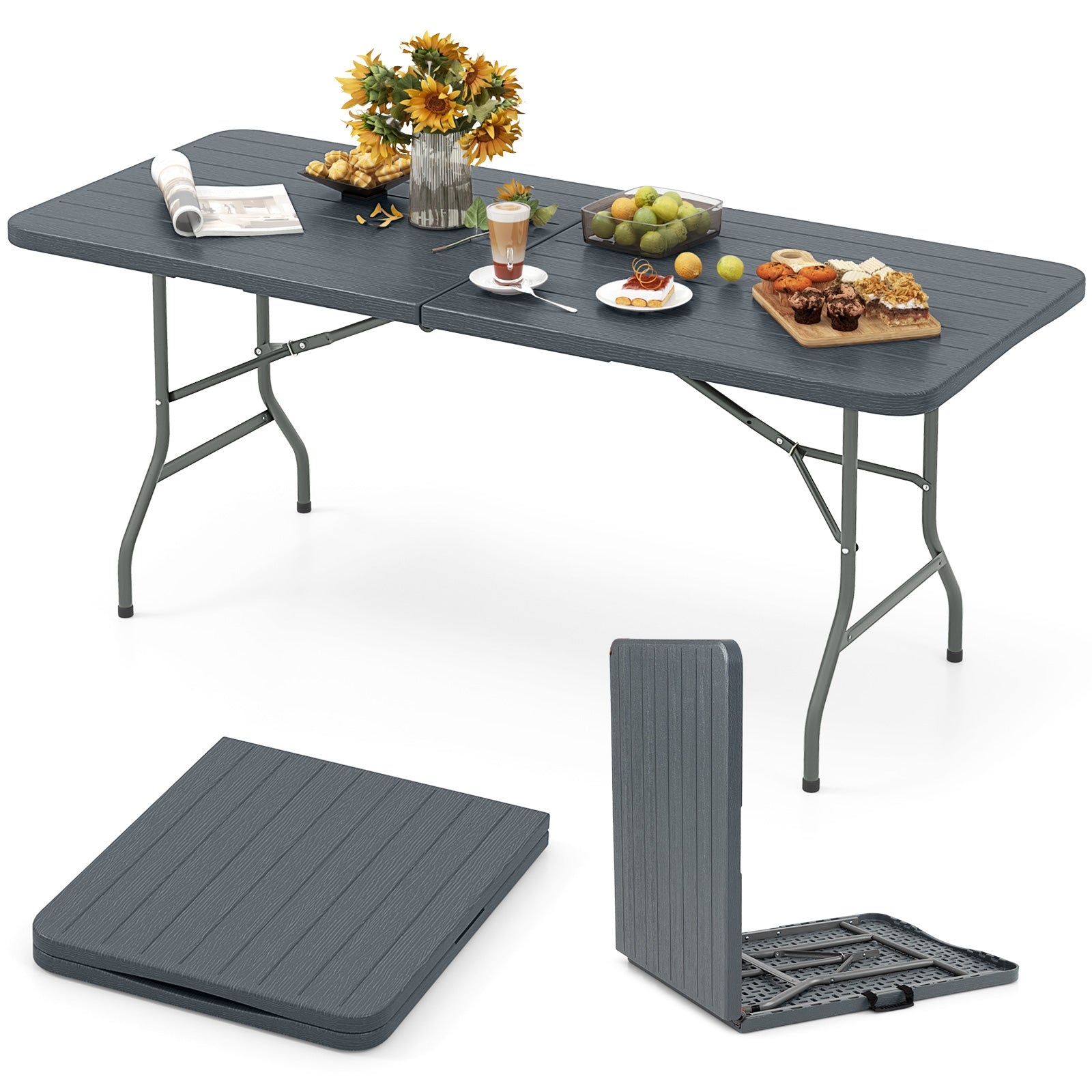 6 Feet Folding Table with Wood Grain HDPE Tabletop and Safe Lock Mechanism, Gray Picnic Tables Gray at Gallery Canada