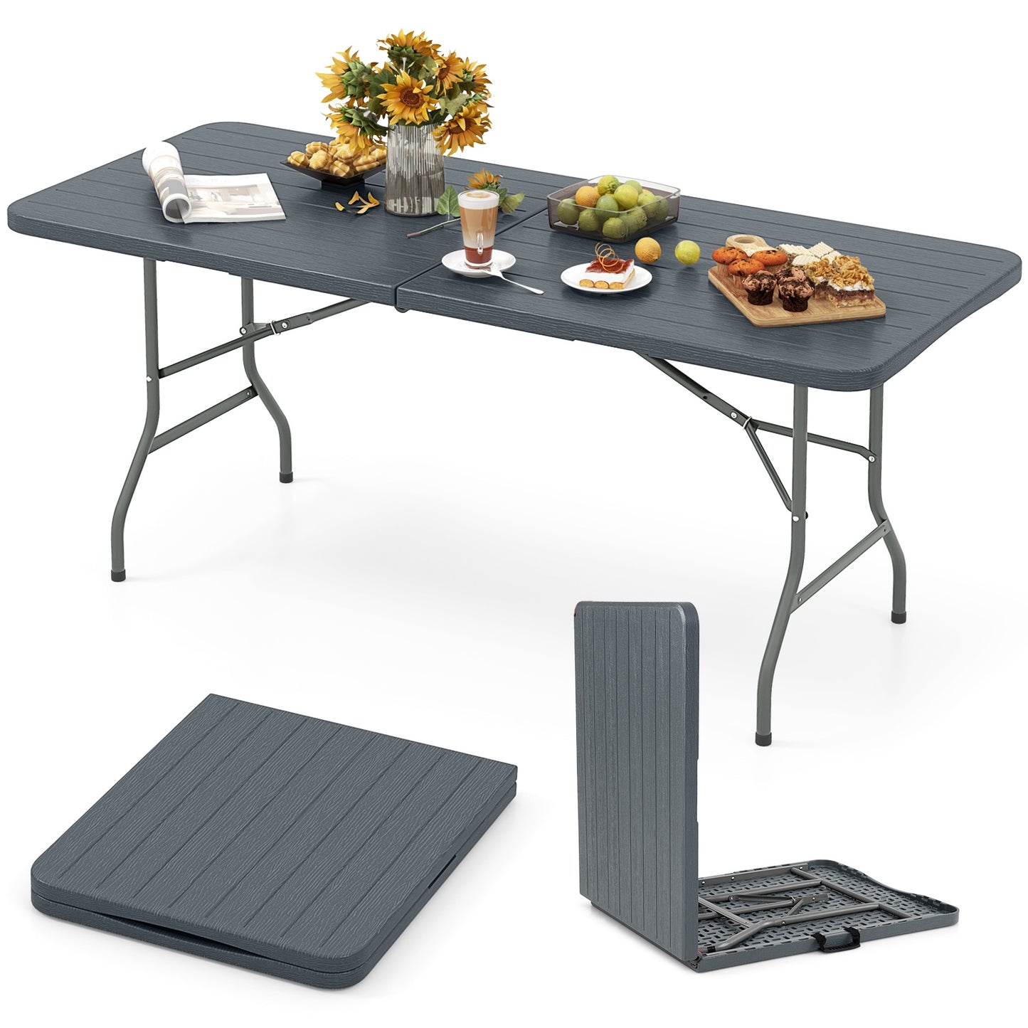 6 Feet Folding Table, Wood Grain HDPE Tabletop, Safe Lock Mechanism, Gray Picnic Tables at Gallery Canada
