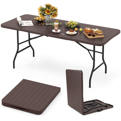 6 Feet Folding Table, Wood Grain HDPE Tabletop, Safe Lock Mechanism, Brown Picnic Tables Brown at Gallery Canada