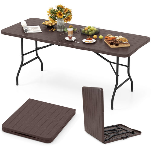 6 Feet Folding Table with Wood Grain HDPE Tabletop and Safe Lock Mechanism, Brown
