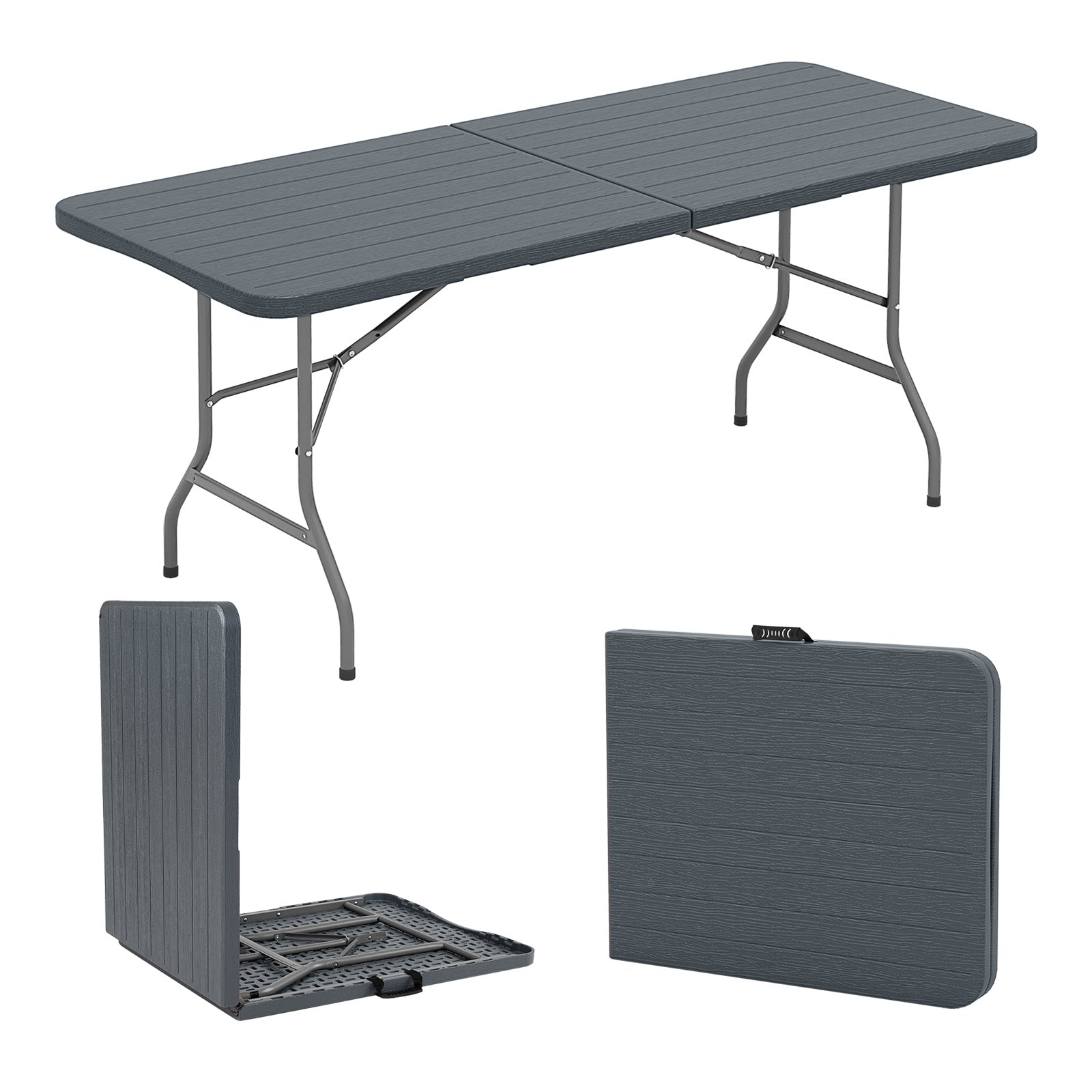 6 Feet Folding Table with Wood Grain HDPE Tabletop and Safe Lock Mechanism, Gray Picnic Tables at Gallery Canada
