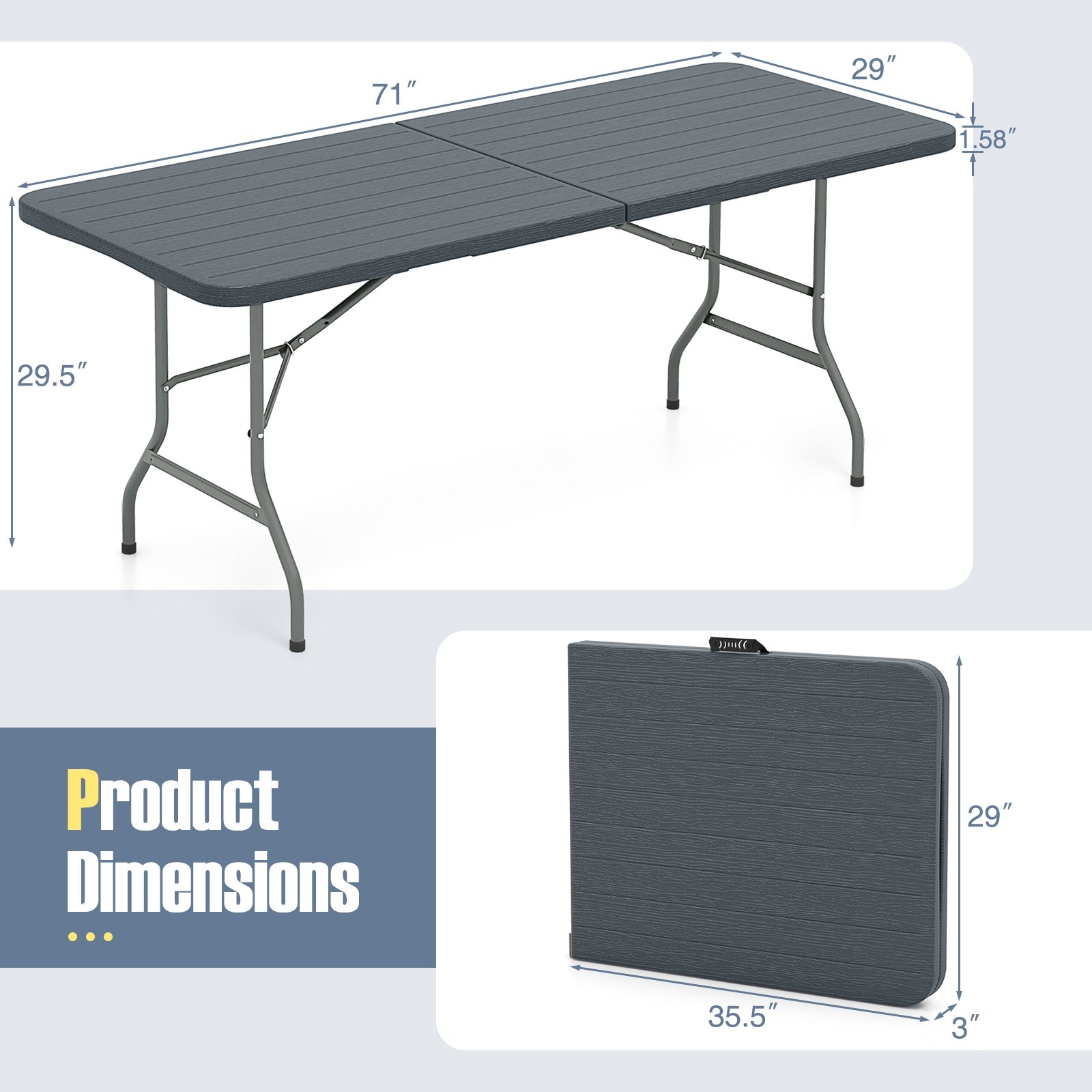 6 Feet Folding Table, Wood Grain HDPE Tabletop, Safe Lock Mechanism, Gray Picnic Tables at Gallery Canada