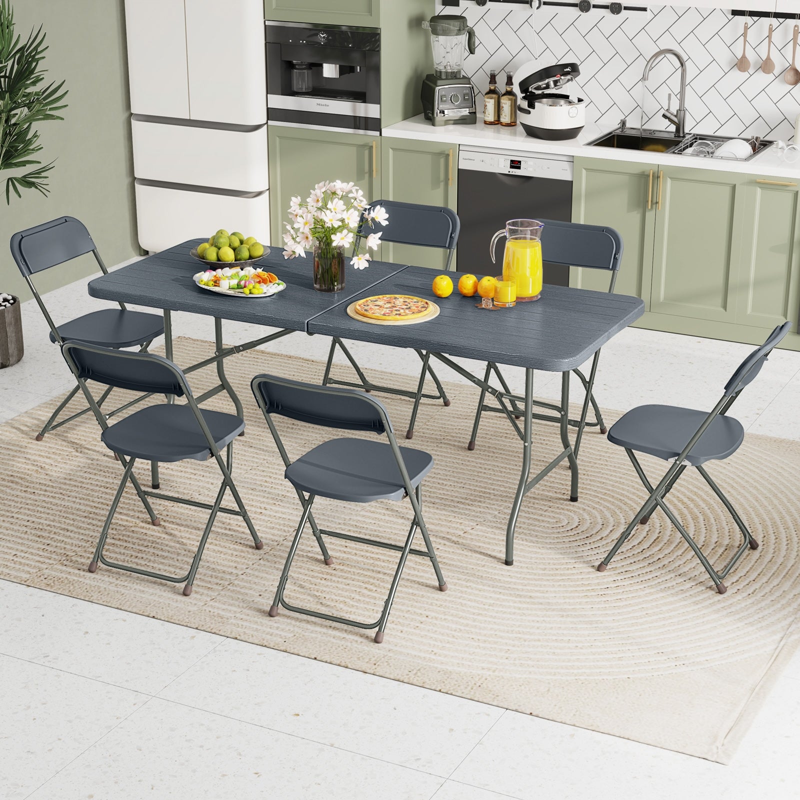 6 Feet Folding Table with Wood Grain HDPE Tabletop and Safe Lock Mechanism, Gray Picnic Tables at Gallery Canada