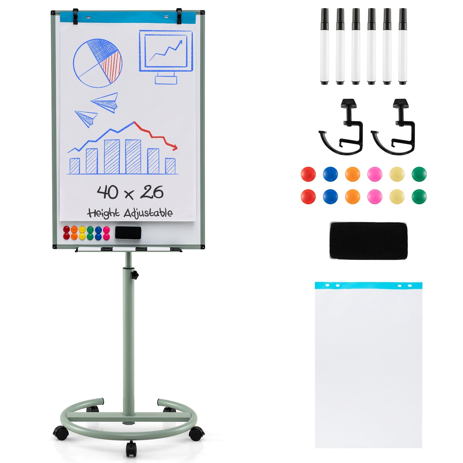 Height-Adjustable Mobile Whiteboard With Round Stand Paper Clips, Green Home Office at Gallery Canada