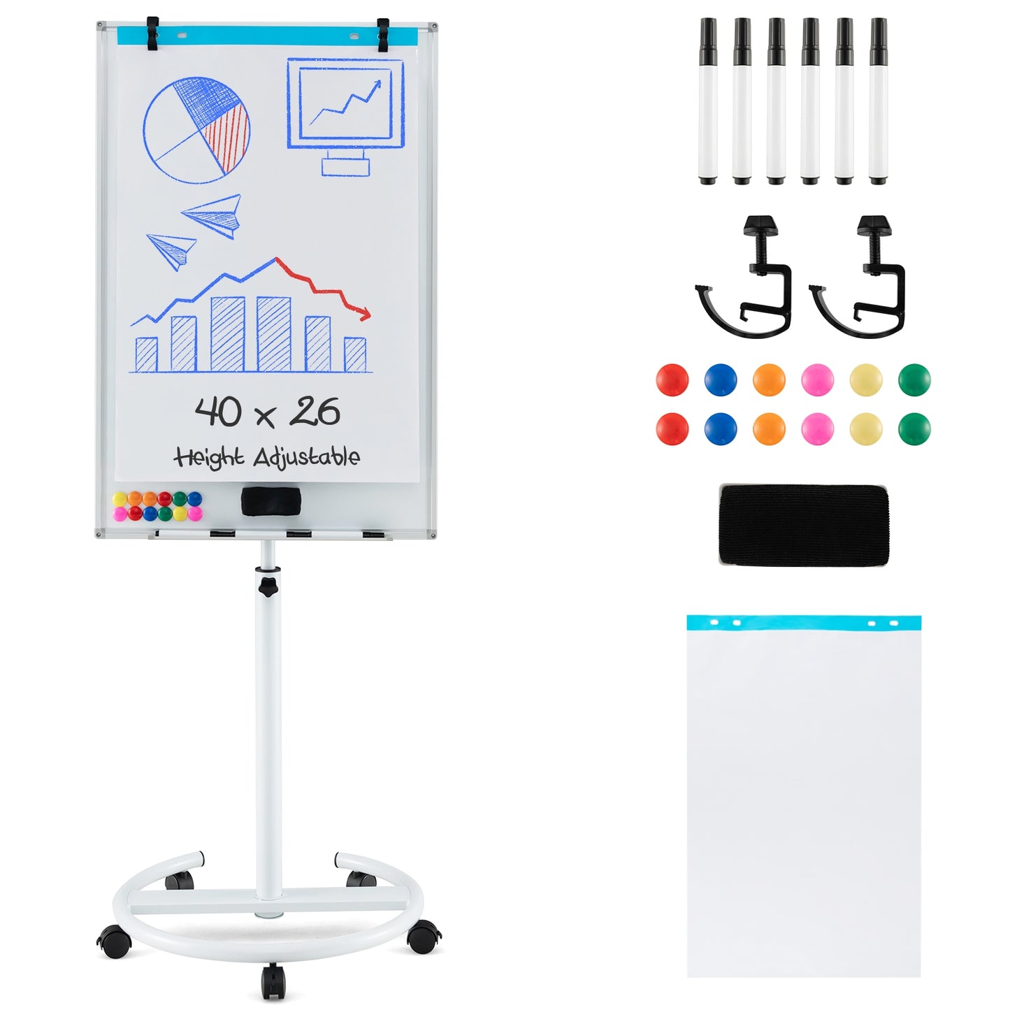Height-Adjustable Mobile Whiteboard, Round Stand Paper Clips, White Home Office White at Gallery Canada