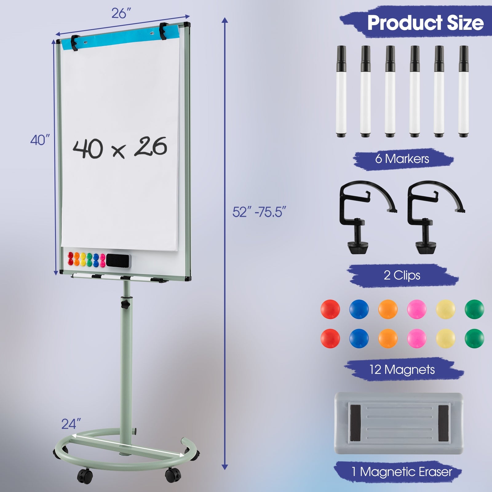 Height-Adjustable Mobile Whiteboard with Round Stand Paper Clips, Green Home Office at Gallery Canada