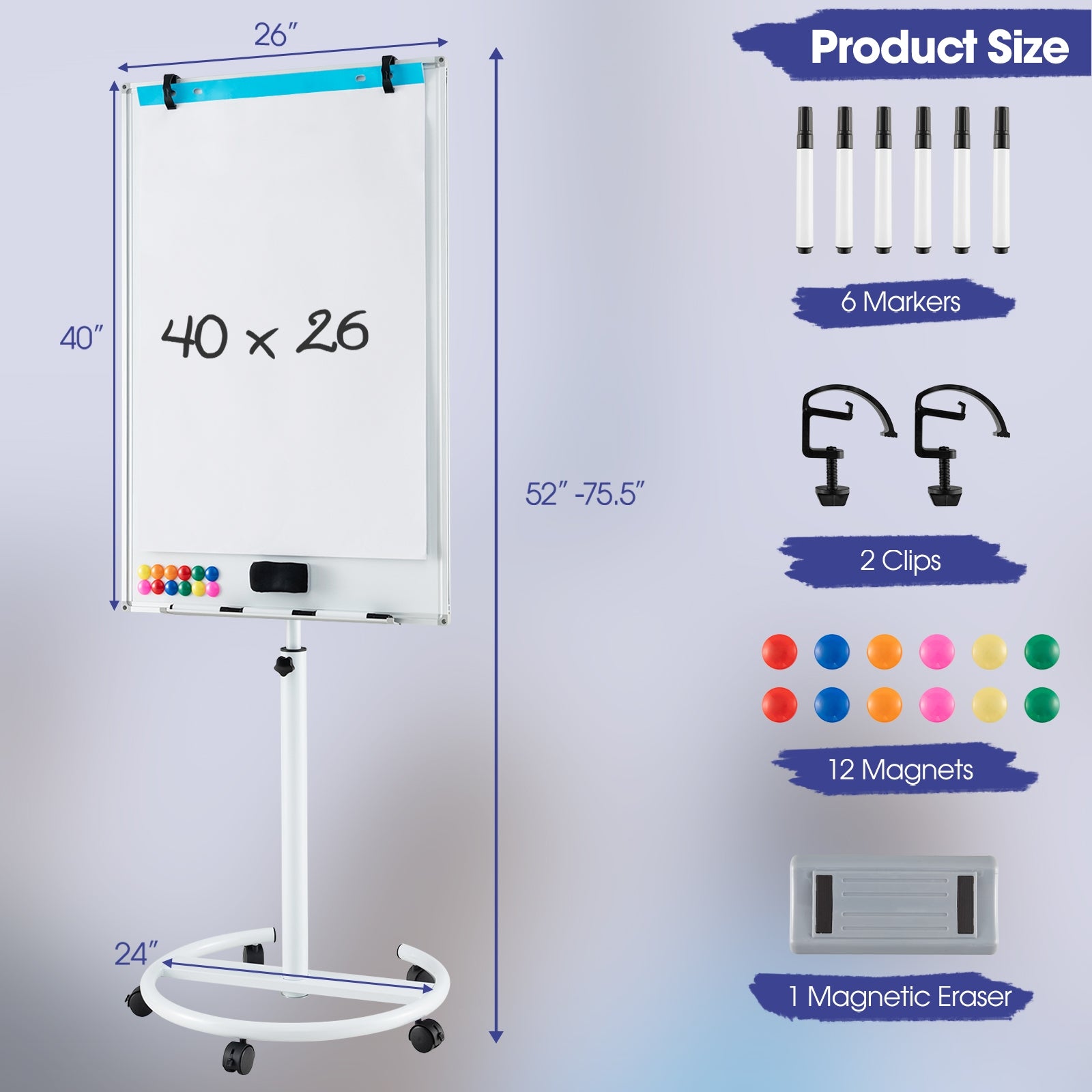 Height-Adjustable Mobile Whiteboard with Round Stand Paper Clips, White Home Office at Gallery Canada