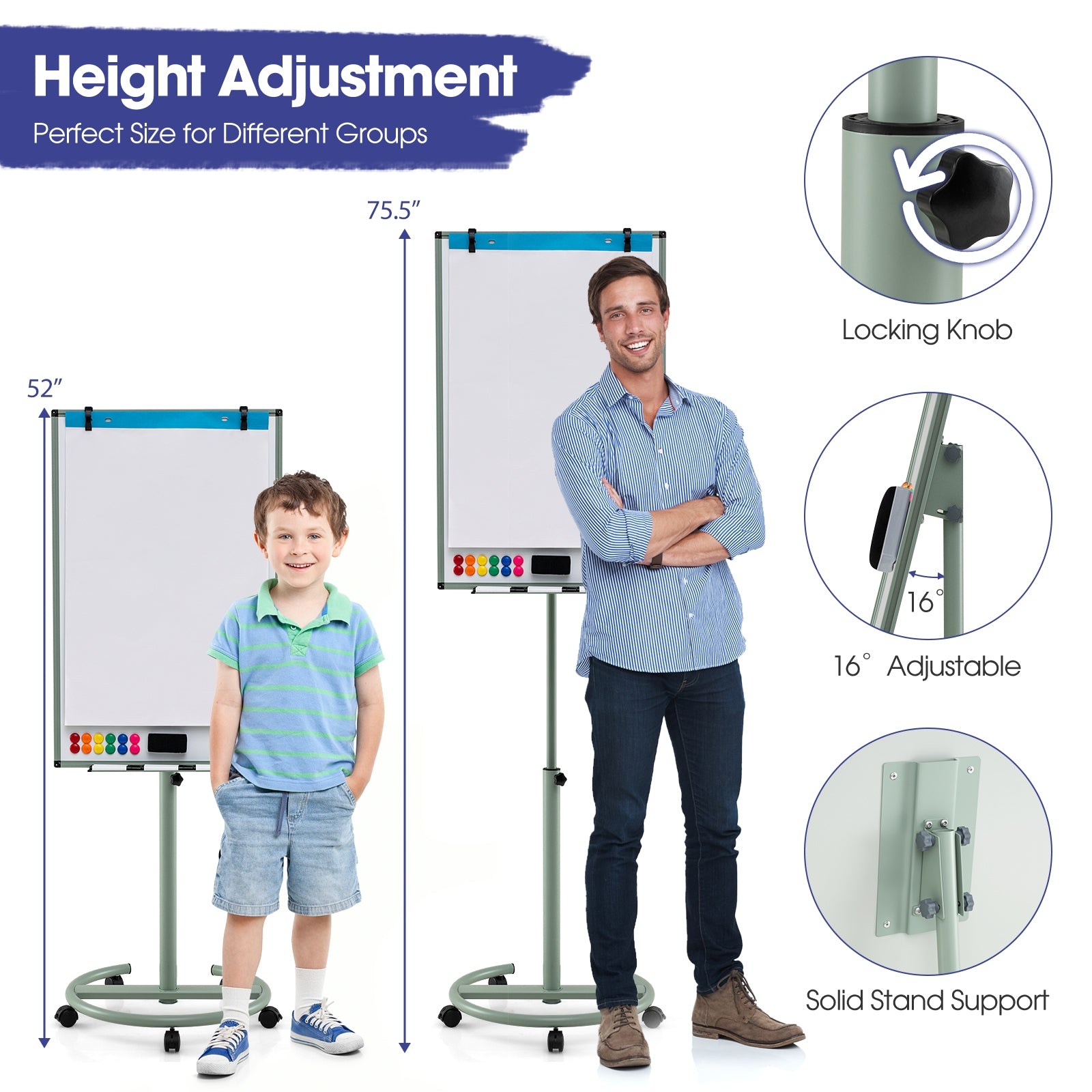 Height-Adjustable Mobile Whiteboard with Round Stand Paper Clips, Green Home Office at Gallery Canada