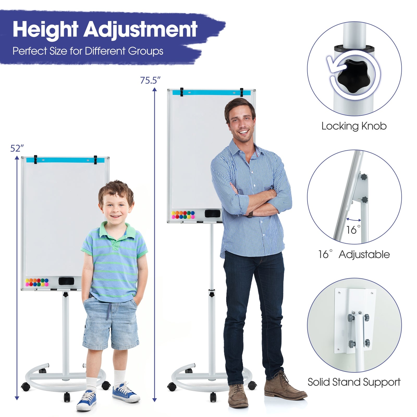 Height-Adjustable Mobile Whiteboard with Round Stand Paper Clips, Green Home Office at Gallery Canada