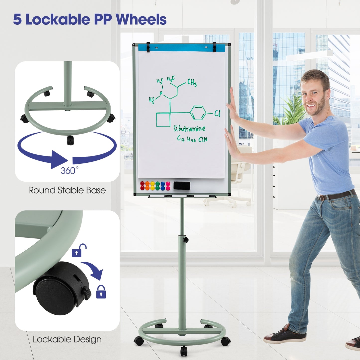 Height-Adjustable Mobile Whiteboard with Round Stand Paper Clips, Green Home Office at Gallery Canada