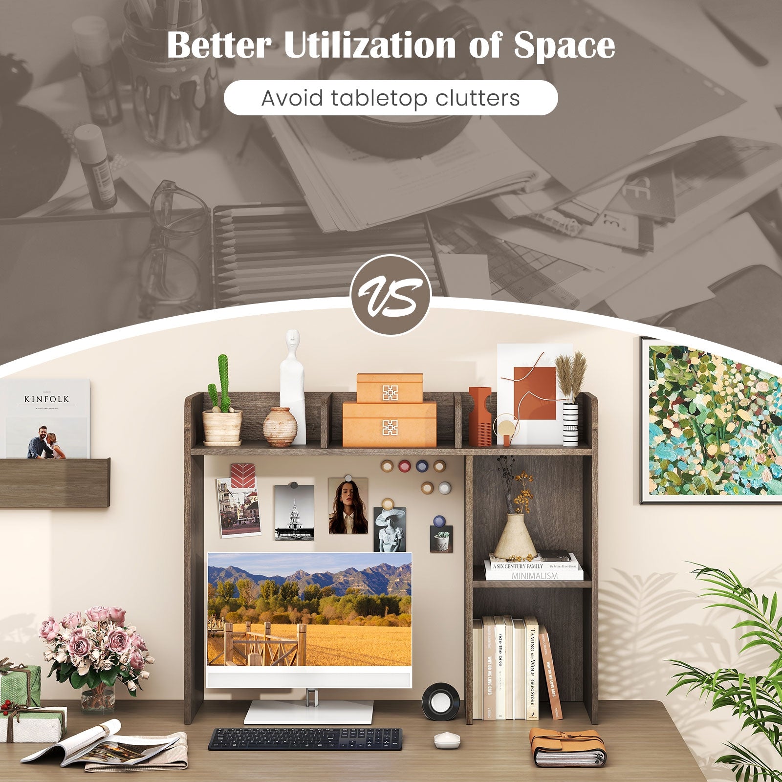 3-Tier Multipurpose Desk Bookshelf with 4 Shelves, Oak Bookcases at Gallery Canada