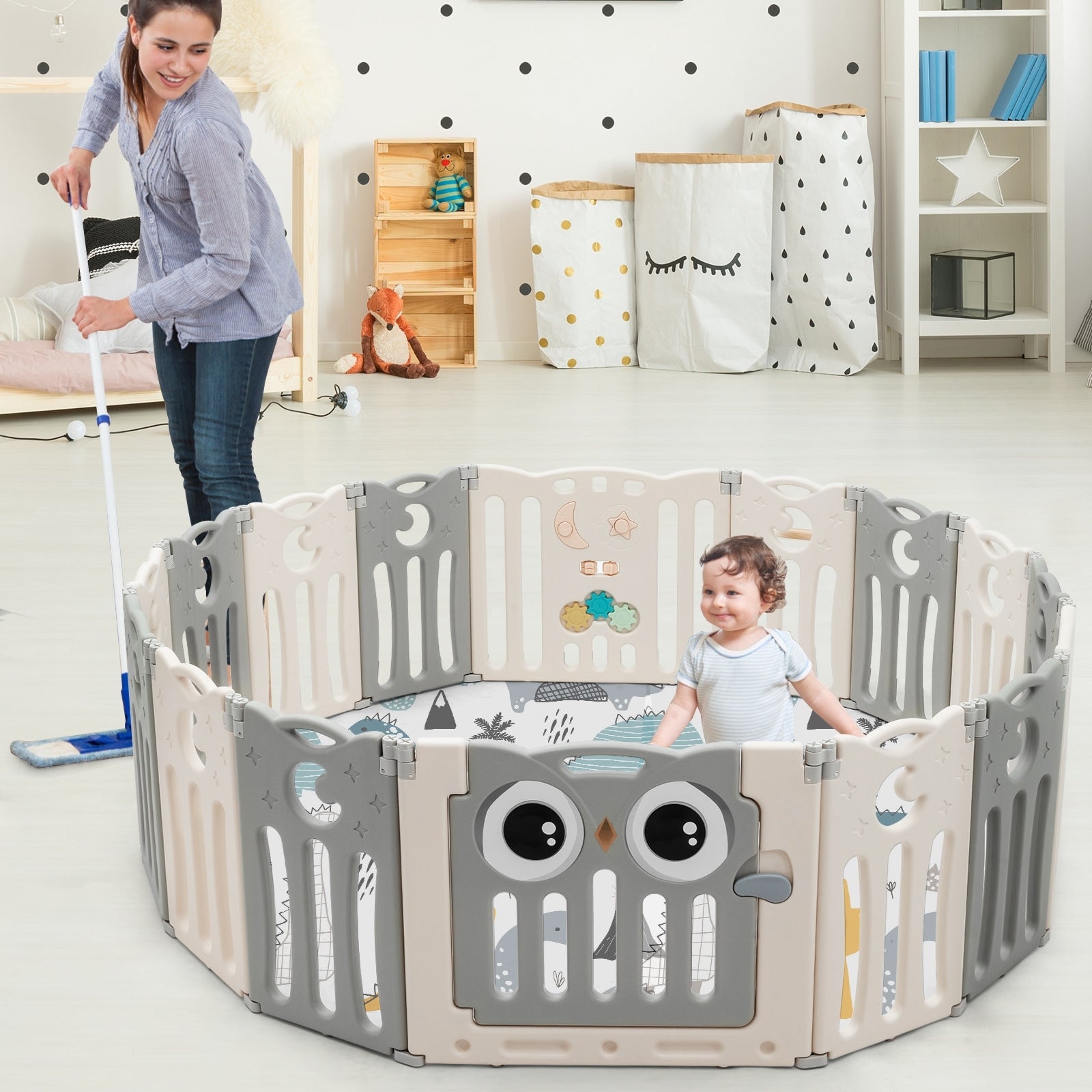 16-Panel Baby Activity Center Play Yard with Lock Door , Beige Baby Playpen & Playards at Gallery Canada