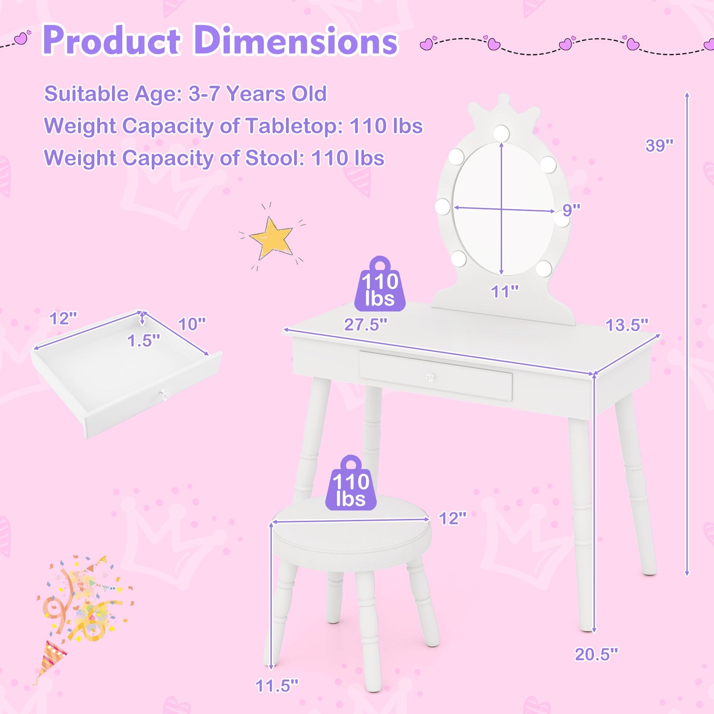 Kids Vanity Set with Lighted Mirror with Adjustable Brightness and Large Drawer, White Kids Vanities at Gallery Canada