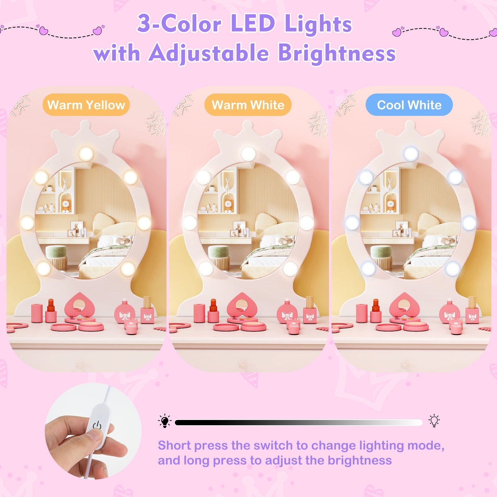 Kids Vanity Set with Lighted Mirror with Adjustable Brightness and Large Drawer, White Kids Vanities at Gallery Canada