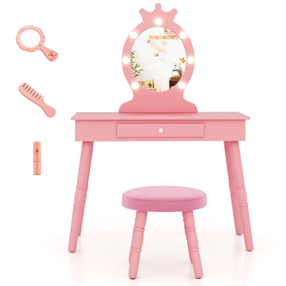 Kids Vanity Set with Lighted Mirror with Adjustable Brightness and Large Drawer, Pink Kids Vanities Pink at Gallery Canada