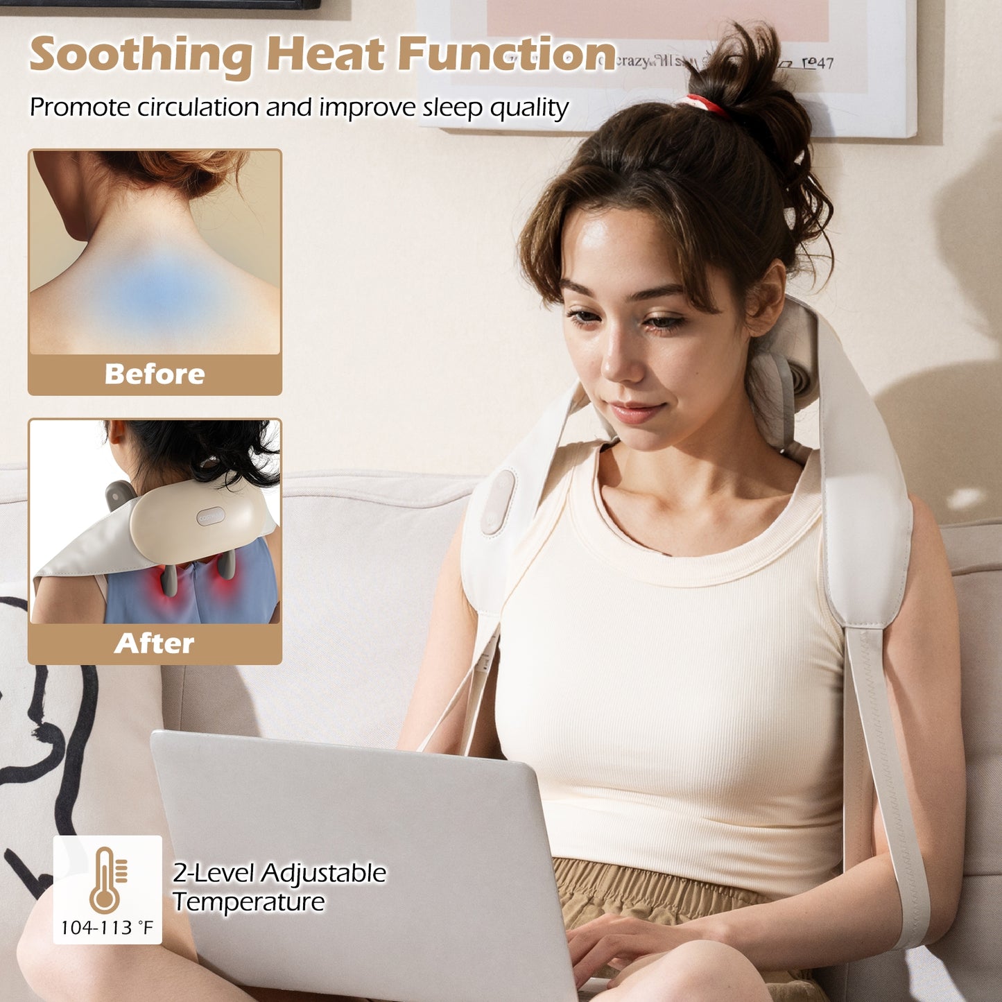 Neck Shoulder Massager with 2 Heat Levels for Pain Relief, Beige Spa & Salon at Gallery Canada