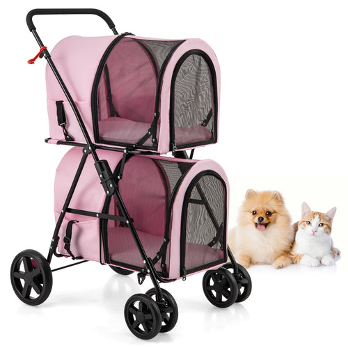4-In-1 Double Pet Stroller, Detachable Carrier, Travel Carriage, Pink