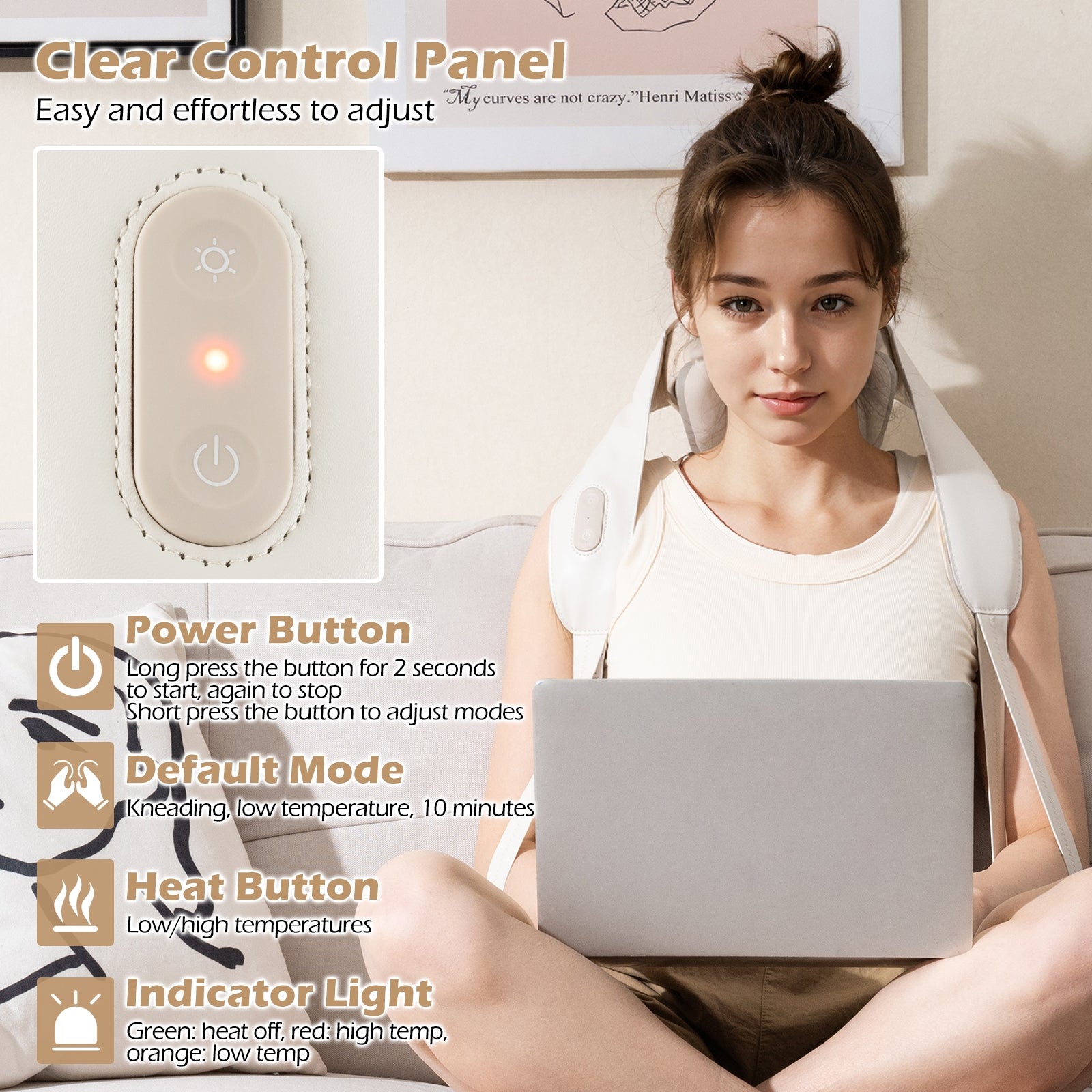 Neck Shoulder Massager with 2 Heat Levels for Pain Relief, Beige Spa & Salon at Gallery Canada