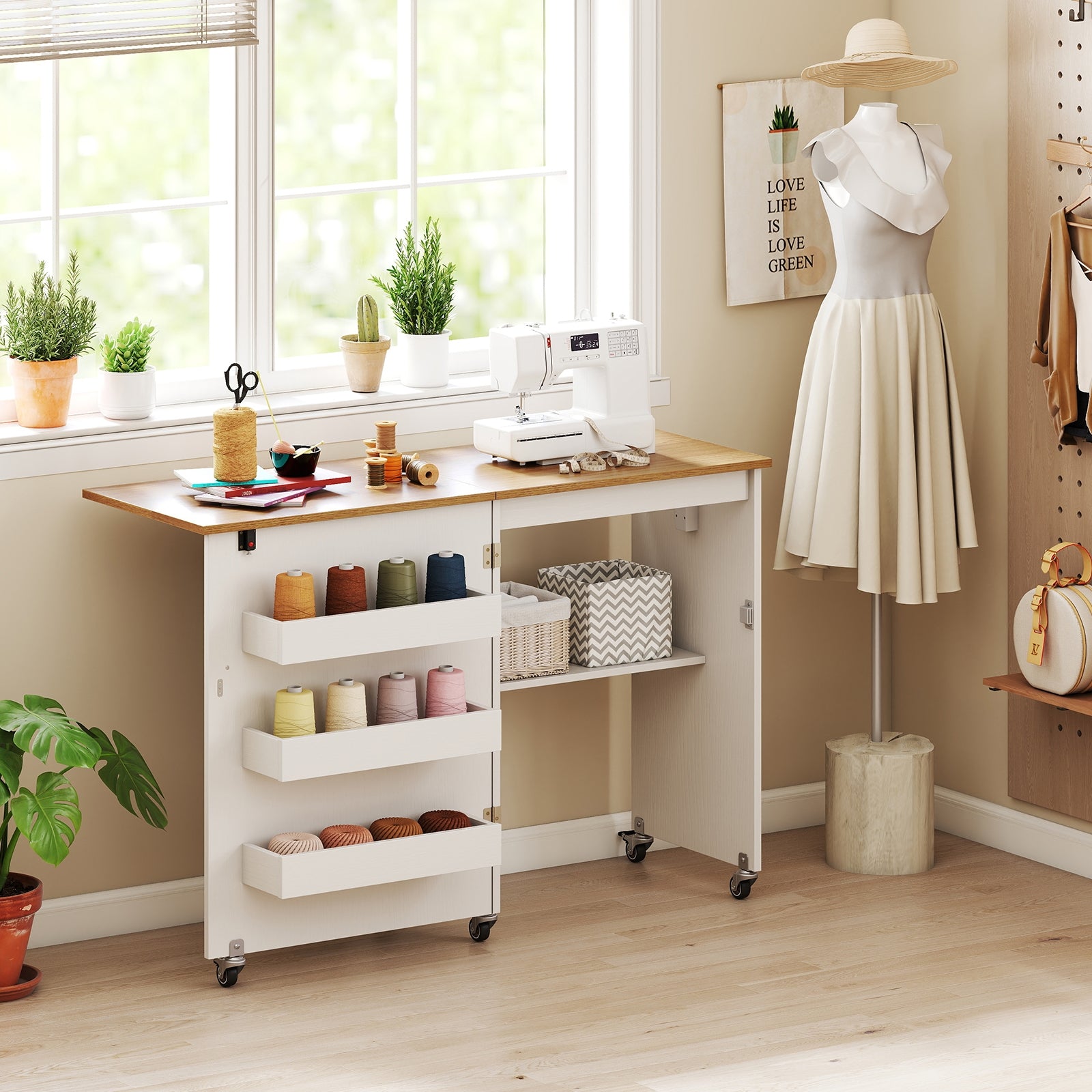 Sewing Machine Table, Charging Station, Lockable Casters, White Sewing Tables at Gallery Canada