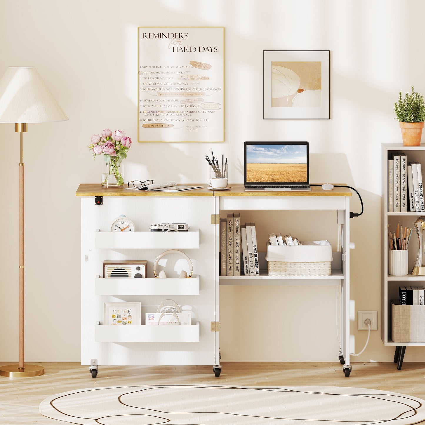Sewing Machine Table, Charging Station, Lockable Casters, White Sewing Tables at Gallery Canada
