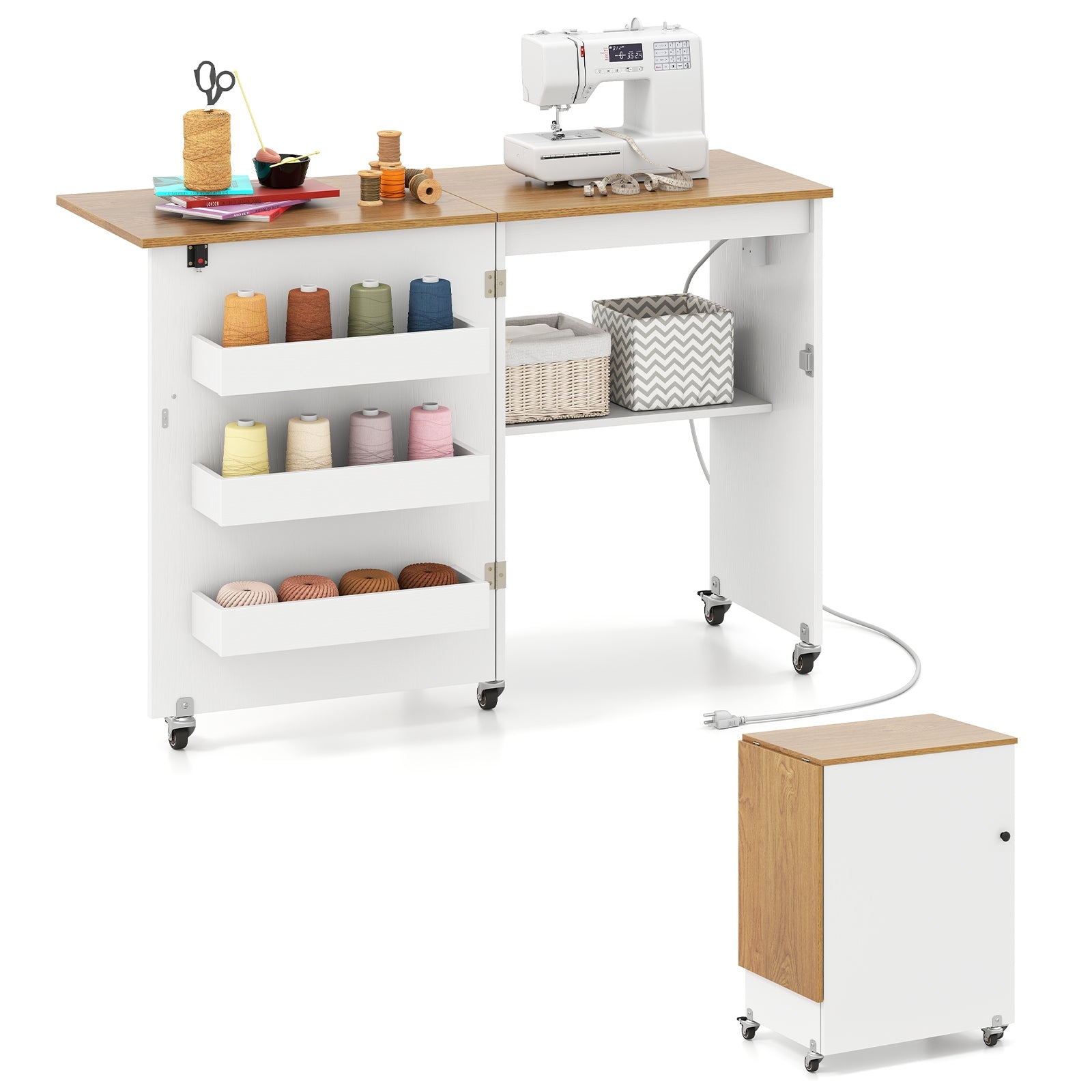 Sewing Machine Table, Charging Station, Lockable Casters, White Sewing Tables at Gallery Canada