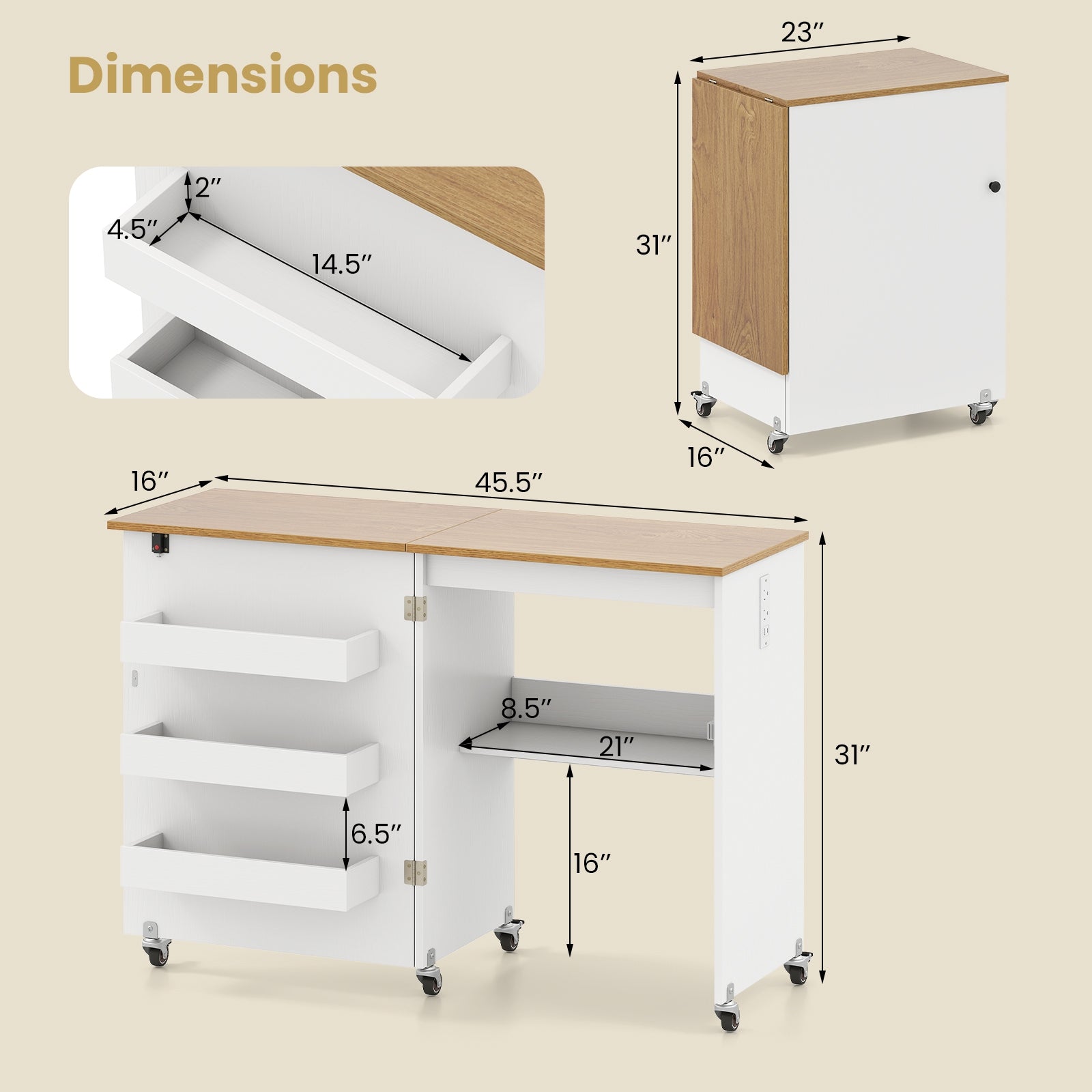 Sewing Machine Table, Charging Station, Lockable Casters, White Sewing Tables at Gallery Canada