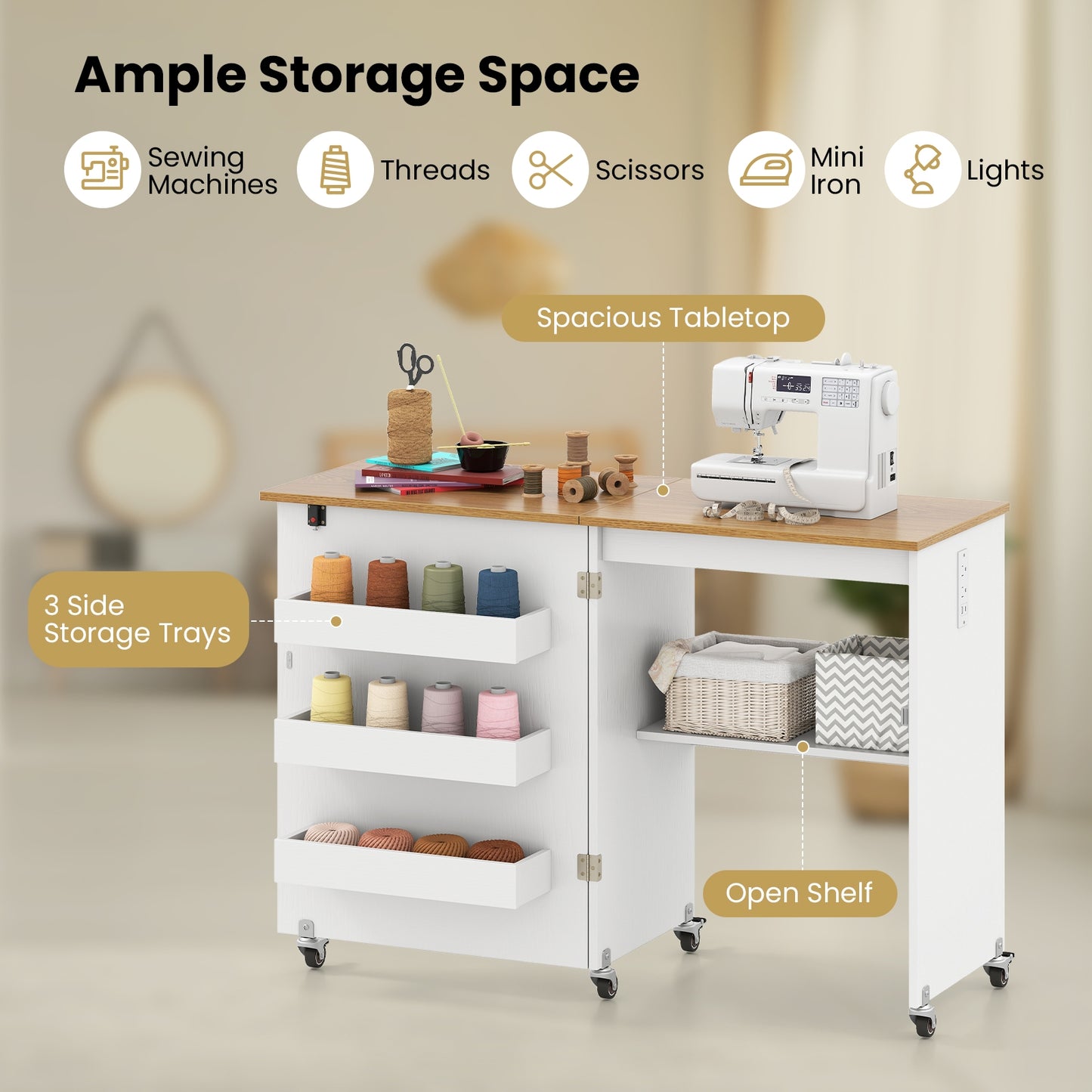 Sewing Machine Table, Charging Station, Lockable Casters, White Sewing Tables at Gallery Canada