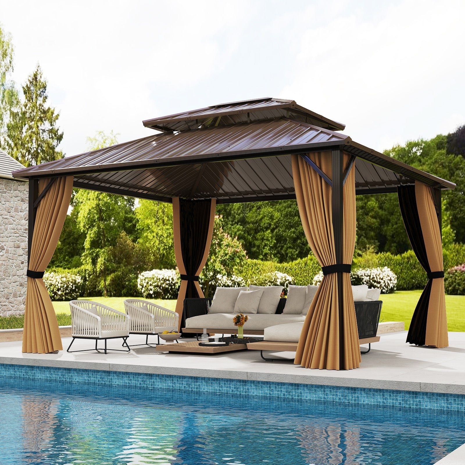 14 x 12 FT Hardtop Gazebo Outdoor Pergola for Patio Garden Deck Lawn Backyard Party Tent, Coffee Gazebos at Gallery Canada