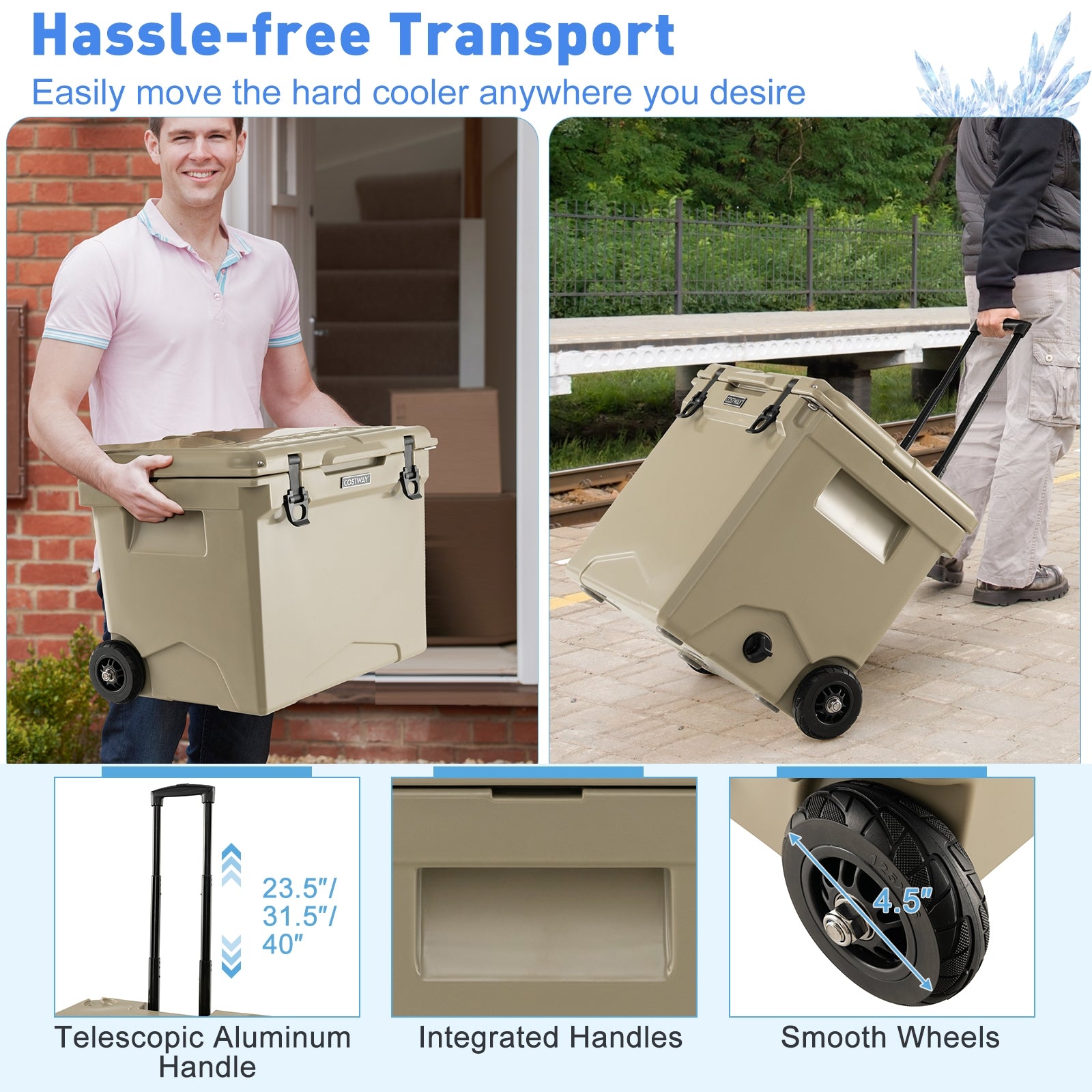 42 Quart Hard Cooler with Wheels and Handle, Tan Coolers at Gallery Canada