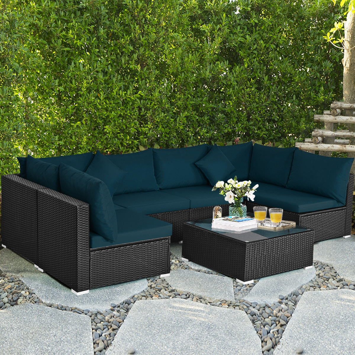 7 Pieces Sectional Wicker Furniture Sofa Set with Tempered Glass Top, Peacock Blue Outdoor Sectionals at Gallery Canada