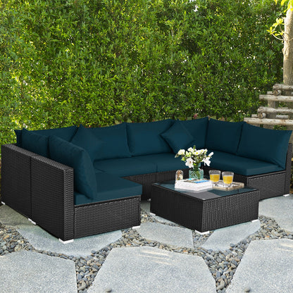 7 Pieces Sectional Wicker Furniture Sofa Set with Tempered Glass Top, Peacock Blue Outdoor Sectionals at Gallery Canada