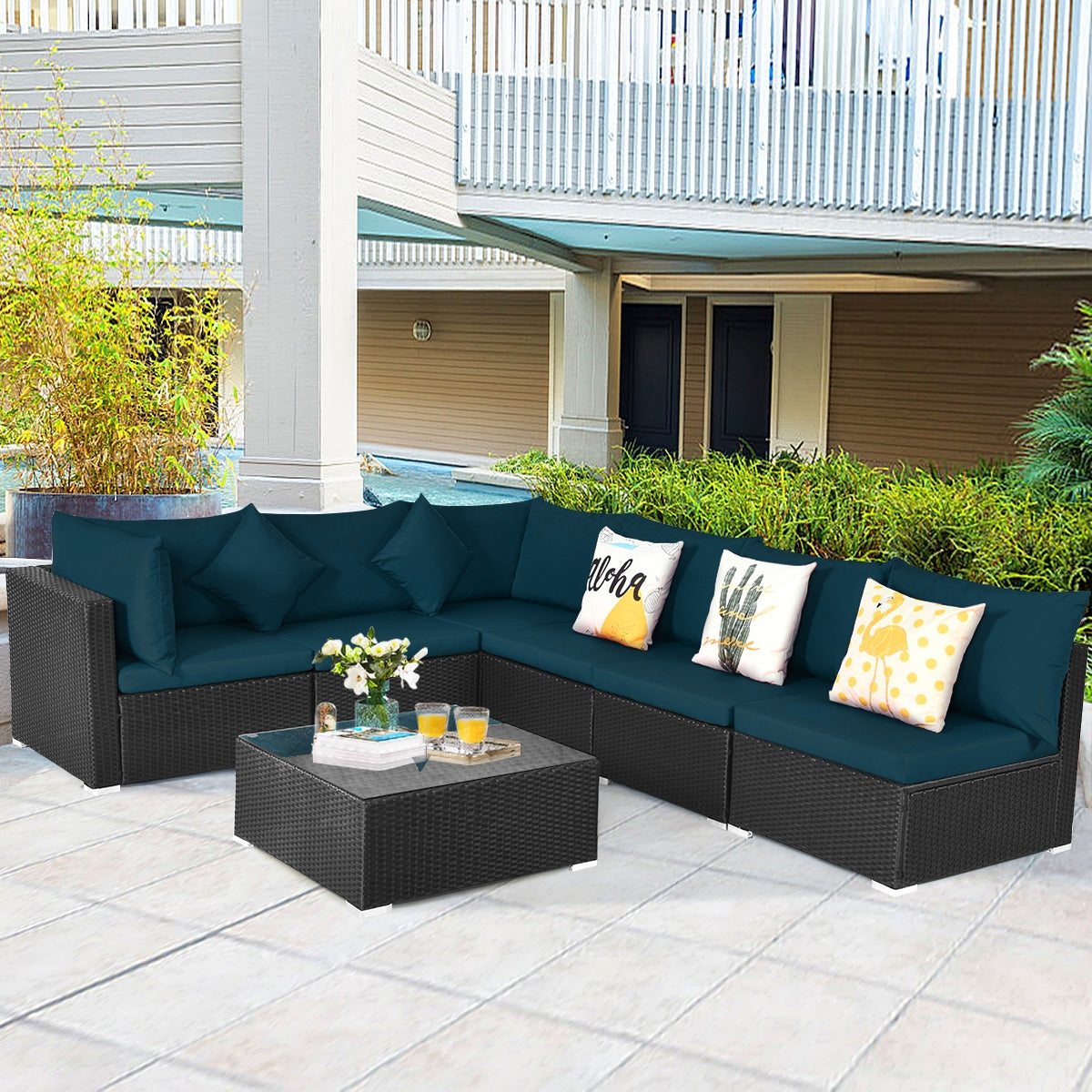 7 Pieces Sectional Wicker Furniture Sofa Set with Tempered Glass Top, Peacock Blue Outdoor Sectionals at Gallery Canada