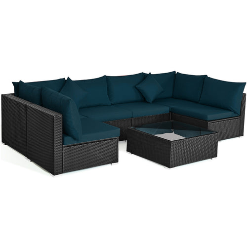 7 Pieces Sectional Wicker Furniture Sofa Set with Tempered Glass Top, Peacock Blue