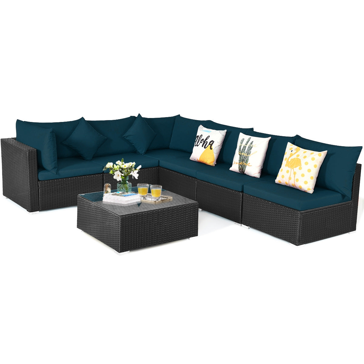 7 Pieces Sectional Wicker Furniture Sofa Set with Tempered Glass Top, Peacock Blue Outdoor Sectionals at Gallery Canada