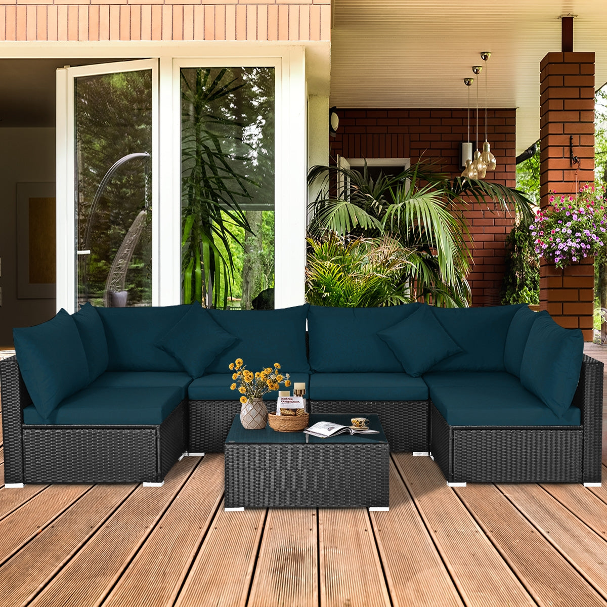 7 Pieces Sectional Wicker Furniture Sofa Set with Tempered Glass Top, Peacock Blue Outdoor Sectionals at Gallery Canada