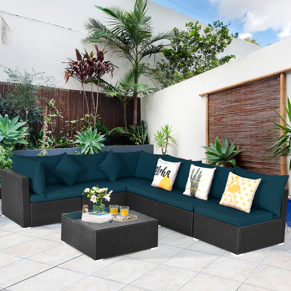 7 Pieces Sectional Wicker Furniture Sofa Set with Tempered Glass Top, Peacock Blue Outdoor Sectionals at Gallery Canada