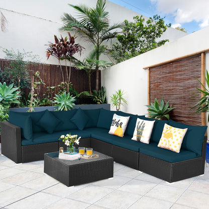 7 Pieces Sectional Wicker Furniture Sofa Set with Tempered Glass Top, Peacock Blue Outdoor Sectionals at Gallery Canada