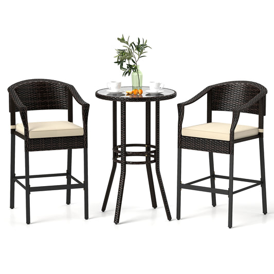 3-Piece Rattan Bar Set, Tempered Glass Top, Brown Patio Bar Furniture Brown at Gallery Canada